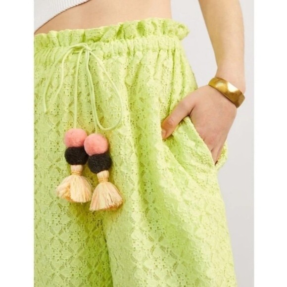 Anthropologie Ollari Lace Wide Leg Pants with Pom Pom Tassel Drawstring Waist - Picture 2 of 13